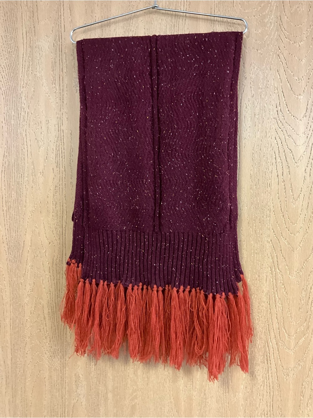 Source Unknown Burgundy Knit Scarf with Orange Fringe